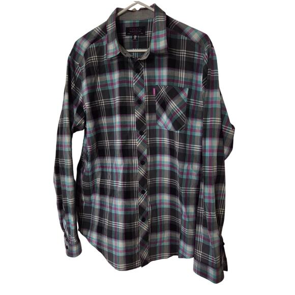 Mishka Mnwka Large Men's Long Sleeve Shirt Pink Blue Plaid One Pocket - Picture 1 of 4